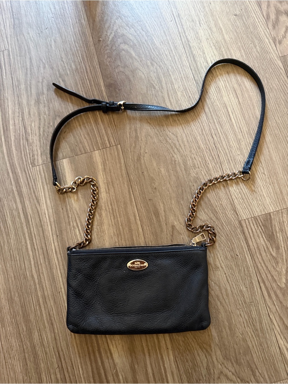 Coach Black Leather Crossbody with Gold Chain Strap